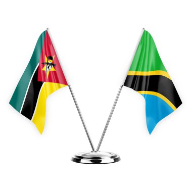 Two table flags isolated on white background 3d illustration, mozambique and tanzania