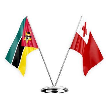 Two table flags isolated on white background 3d illustration, mozambique and tonga