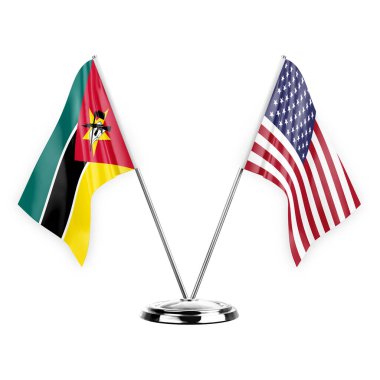 Two table flags isolated on white background 3d illustration, mozambique and usa