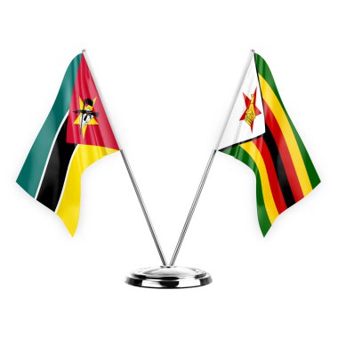 Two table flags isolated on white background 3d illustration, mozambique and zimbabwe
