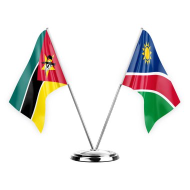 Two table flags isolated on white background 3d illustration, mozambique and namibia