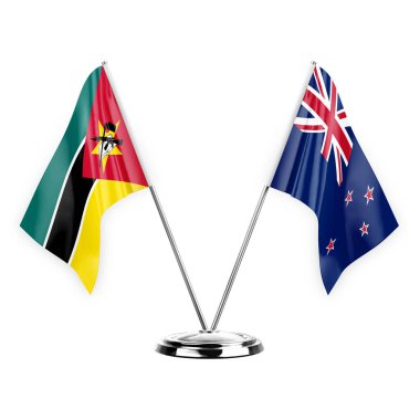 Two table flags isolated on white background 3d illustration, mozambique and new zealand