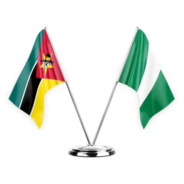 Two table flags isolated on white background 3d illustration, mozambique and nigeria