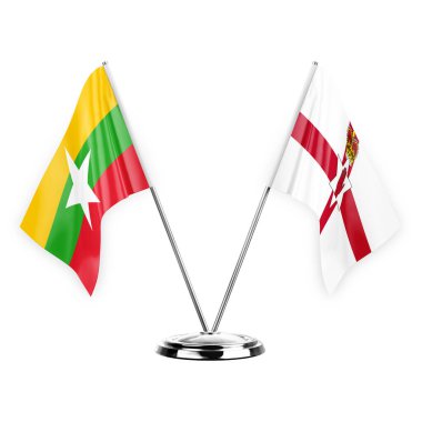 Two table flags isolated on white background 3d illustration, myanmar and ireland