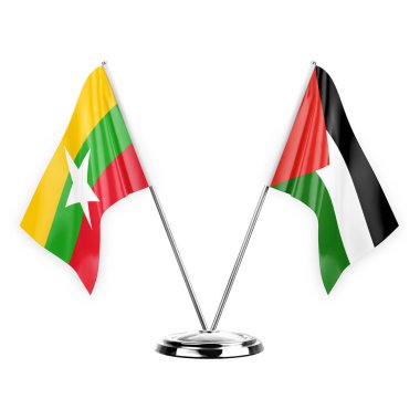 Two table flags isolated on white background 3d illustration, myanmar and palestine