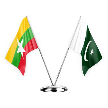 Two table flags isolated on white background 3d illustration, myanmar and pakistan