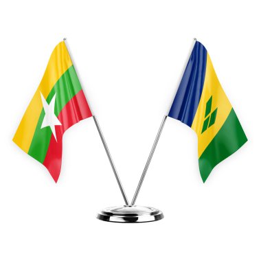 Two table flags isolated on white background 3d illustration, myanmar and saint vincent and the grenadines