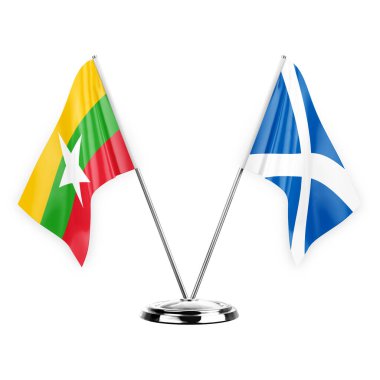 Two table flags isolated on white background 3d illustration, myanmar and scotland
