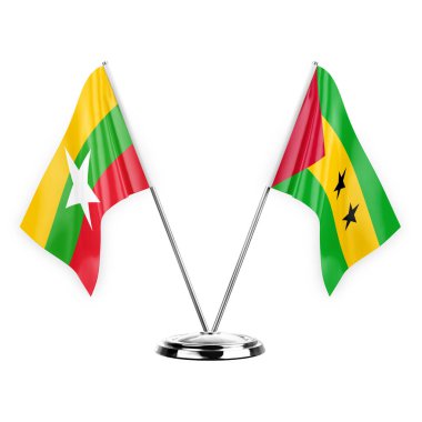 Two table flags isolated on white background 3d illustration, myanmar and sao tome and principe