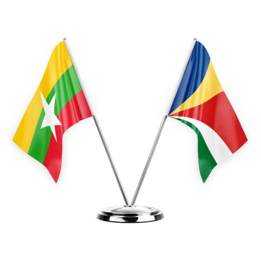 Two table flags isolated on white background 3d illustration, myanmar and seychelles