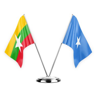 Two table flags isolated on white background 3d illustration, myanmar and somalia