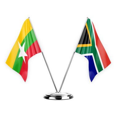 Two table flags isolated on white background 3d illustration, myanmar and south africa