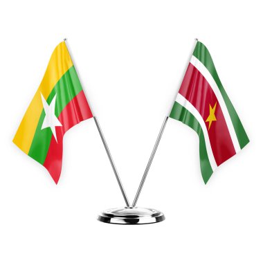 Two table flags isolated on white background 3d illustration, myanmar and suriname