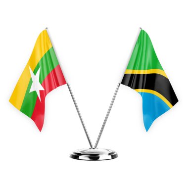 Two table flags isolated on white background 3d illustration, myanmar and tanzania