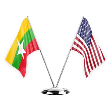 Two table flags isolated on white background 3d illustration, myanmar and usa