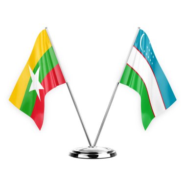 Two table flags isolated on white background 3d illustration, myanmar and uzbekistan