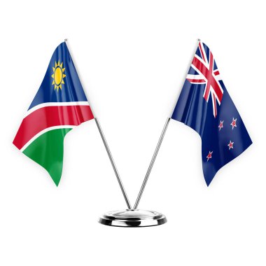 Two table flags isolated on white background 3d illustration, namibia and new zealand