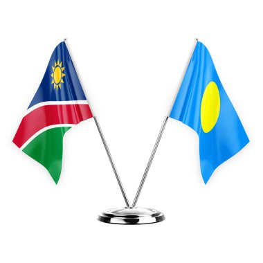 Two table flags isolated on white background 3d illustration, namibia and palau