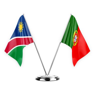 Two table flags isolated on white background 3d illustration, namibia and portugal