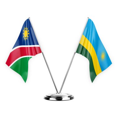 Two table flags isolated on white background 3d illustration, namibia and rwanda