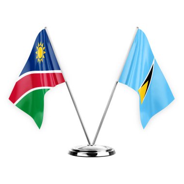 Two table flags isolated on white background 3d illustration, namibia and saint lucia