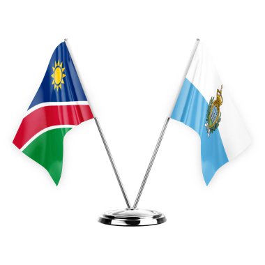 Two table flags isolated on white background 3d illustration, namibia and san marino