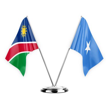 Two table flags isolated on white background 3d illustration, namibia and somalia