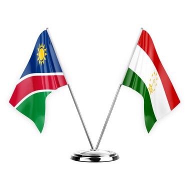 Two table flags isolated on white background 3d illustration, namibia and tajikistan