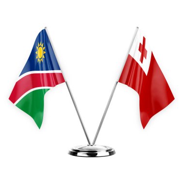 Two table flags isolated on white background 3d illustration, namibia and tonga