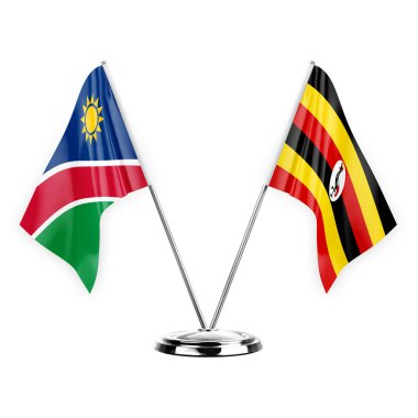 Two table flags isolated on white background 3d illustration, namibia and uganda