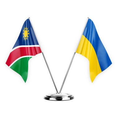 Two table flags isolated on white background 3d illustration, namibia and ukraine