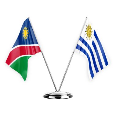 Two table flags isolated on white background 3d illustration, namibia and uruguay
