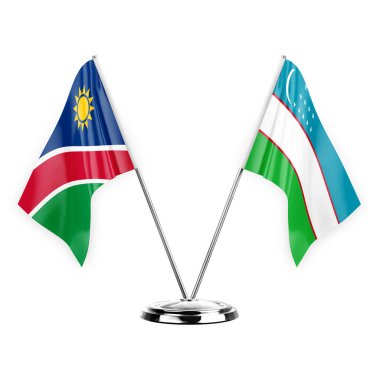 Two table flags isolated on white background 3d illustration, namibia and uzbekistan