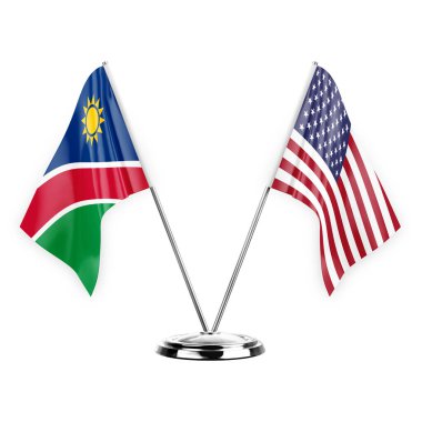 Two table flags isolated on white background 3d illustration, namibia and usa