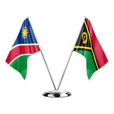 Two table flags isolated on white background 3d illustration, namibia and vanuatu