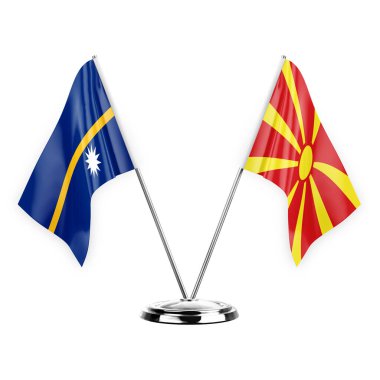 Two table flags isolated on white background 3d illustration, nauru and north macedonia