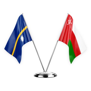 Two table flags isolated on white background 3d illustration, nauru and oman