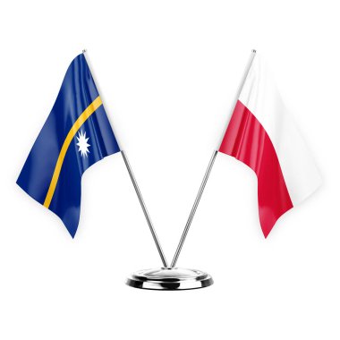 Two table flags isolated on white background 3d illustration, nauru and poland