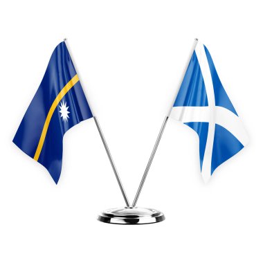 Two table flags isolated on white background 3d illustration, nauru and scotland