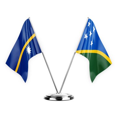 Two table flags isolated on white background 3d illustration, nauru and solomon islands
