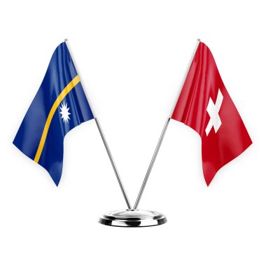 Two table flags isolated on white background 3d illustration, nauru and switzerland