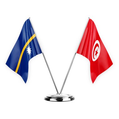 Two table flags isolated on white background 3d illustration, nauru and tunisia