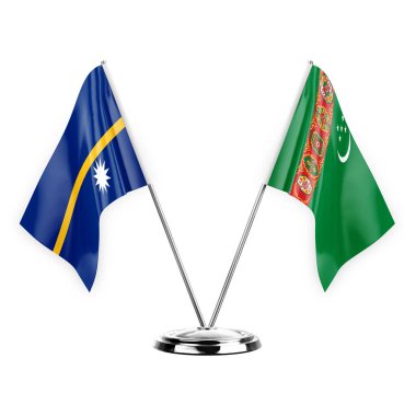 Two table flags isolated on white background 3d illustration, nauru and turkmenistan