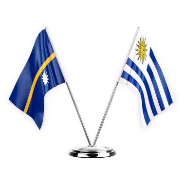 Two table flags isolated on white background 3d illustration, nauru and uruguay