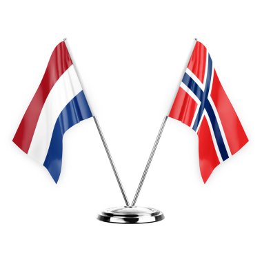 Two table flags isolated on white background 3d illustration, netherlands and norway
