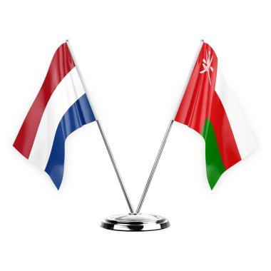 Two table flags isolated on white background 3d illustration, netherlands and oman