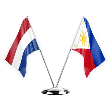 Two table flags isolated on white background 3d illustration, netherlands and philippines