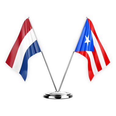 Two table flags isolated on white background 3d illustration, netherlands and puerto rico