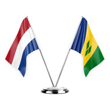 Two table flags isolated on white background 3d illustration, netherlands and saint vincent and the grenadines