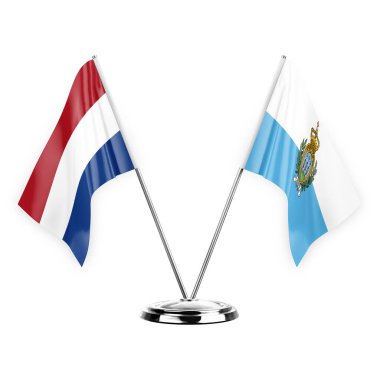 Two table flags isolated on white background 3d illustration, netherlands and san marino